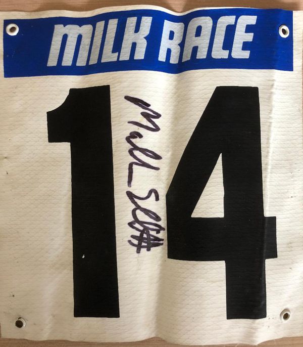 Image of number from the 1990 Milk Race which was worn by the winner in 1987, Malcolm Elliott.